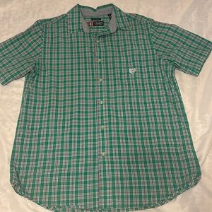 CHAPS button up short sleeve dress shirt. Green plaid with blue and black
